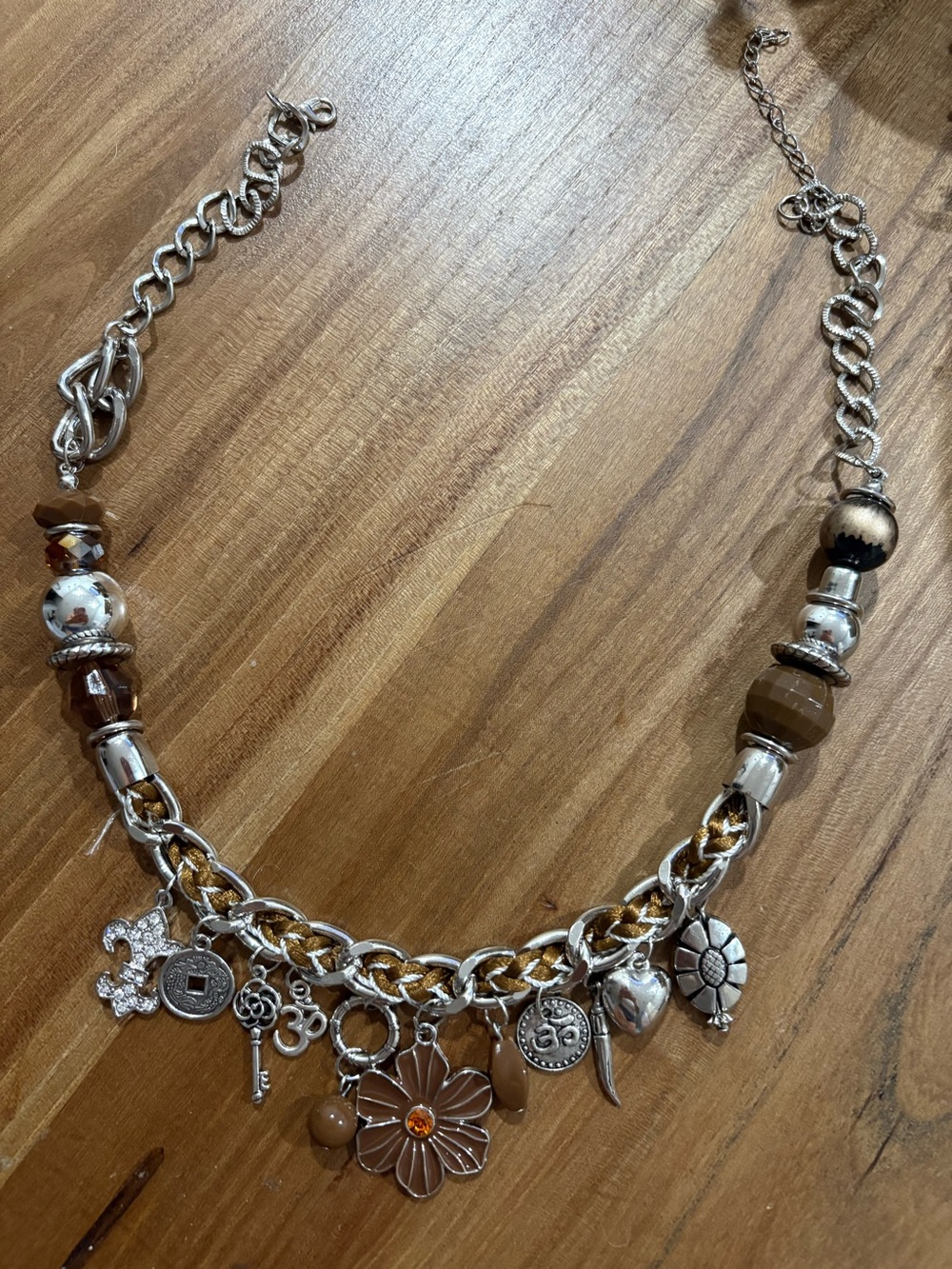 repurposed charm brown and silver charm necklace